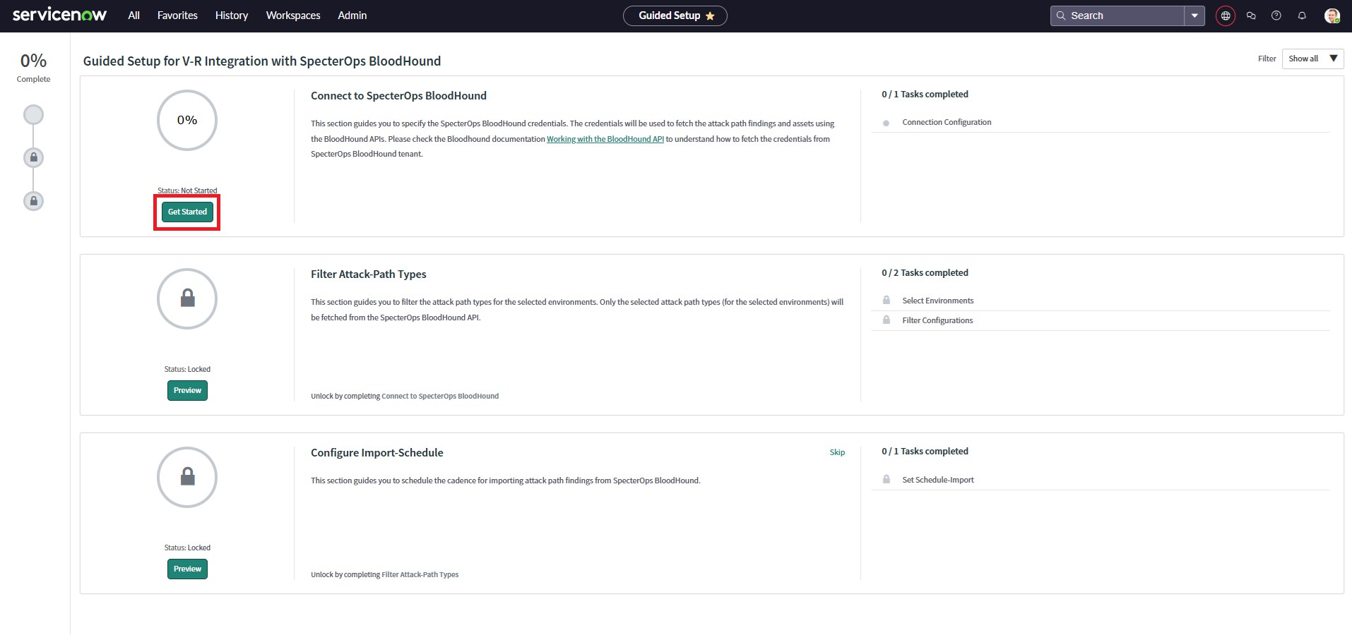 A view of the ServiceNow user interface showing the guided setup for connecting to a BloodHound Enterprise tenant.