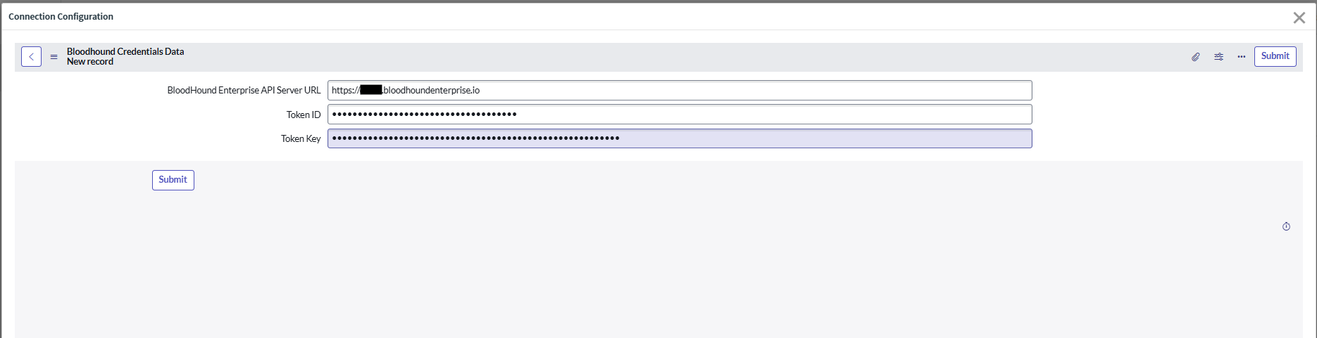 A view of the ServiceNow user interface showing the form for entering BloodHound Enterprise tenant URL and API credentials.
