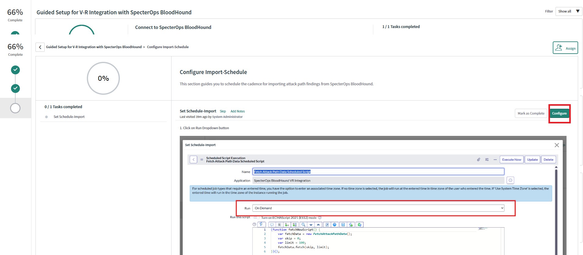 A view of the ServiceNow user interface showing the process of configuring the import schedule for fetching attack path findings from BloodHound Enterprise.
