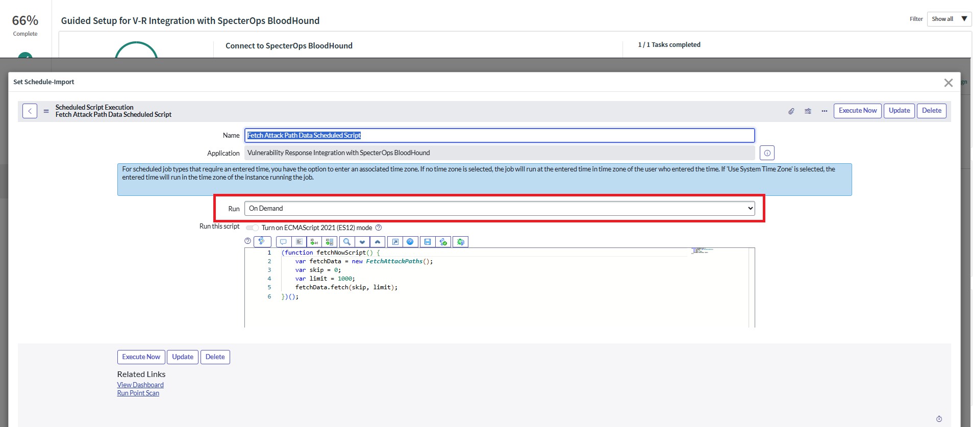A view of the ServiceNow user interface showing the process of configuring the import schedule for fetching attack path findings from BloodHound Enterprise.